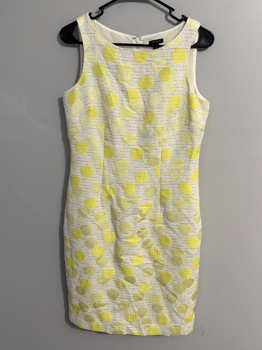 Ann Taylor Dress Womens 4 Circle Polka Dot Tweed Lined Yellow Stripes Sheath